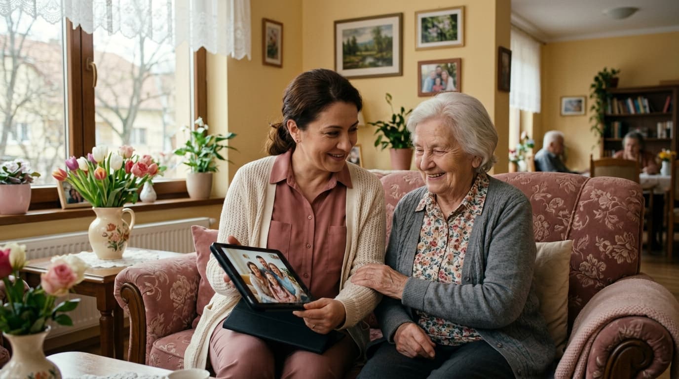 Caregiver arată unei beneficiare fotografii pe tabletă într-o sufragerie caldă